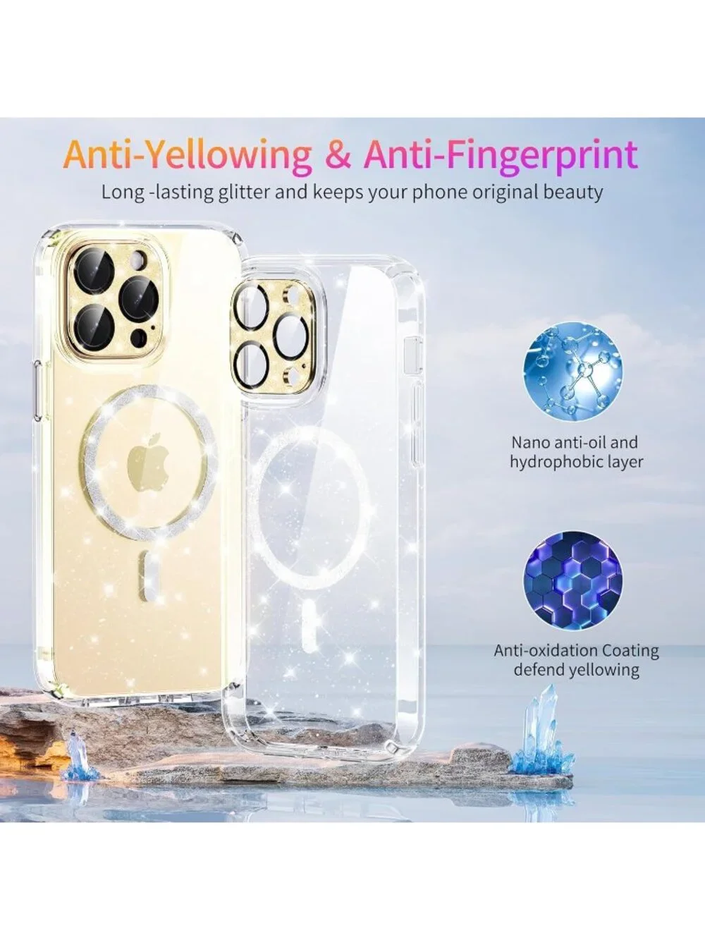 Glitter Clear Case for iPhone 14 Pro Max w/ Bling Camera Lens Protector, Non‑Yel